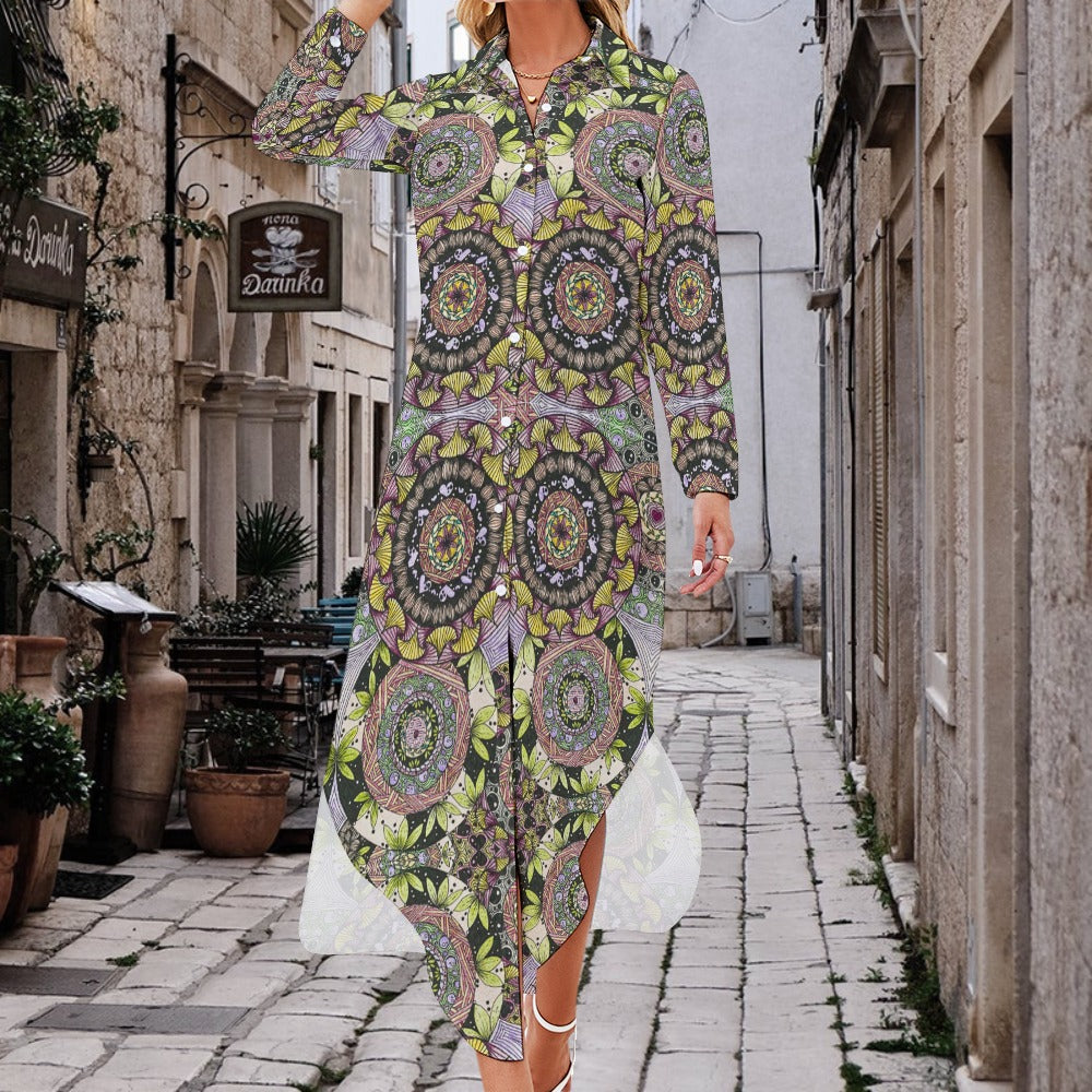 PGP Holiday Melissa Boho Chic Button Neck Long Sleeve Shirt Dress