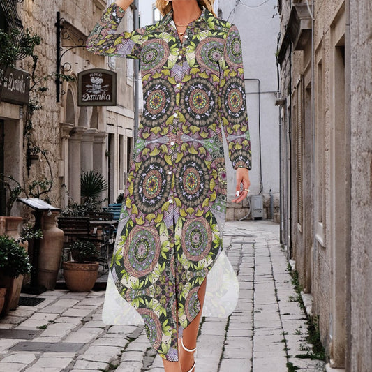 PGP Holiday Melissa Boho Chic Button Neck Long Sleeve Shirt Dress