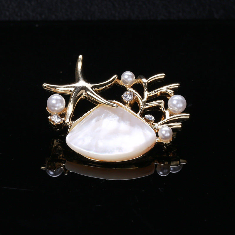 Abalone Shell Scallop Starfish Brooch – Elegant Ocean-Inspired Pin with Pearl Detail | 39x36mm
