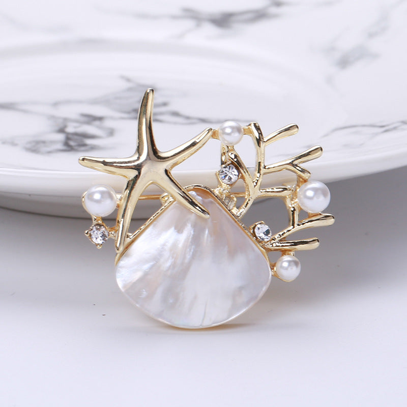 Abalone Shell Scallop Starfish Brooch – Elegant Ocean-Inspired Pin with Pearl Detail | 39x36mm