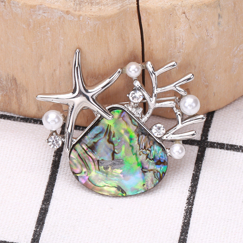 Abalone Shell Scallop Starfish Brooch – Elegant Ocean-Inspired Pin with Pearl Detail | 39x36mm