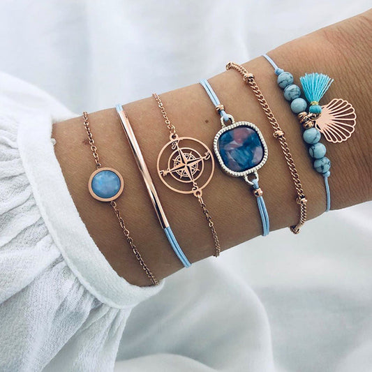Mermaidcore Compass & Scallop Bracelet Set – 6-Piece Turquoise Oceanic Stack | Adjustable 16.5–19.5cm