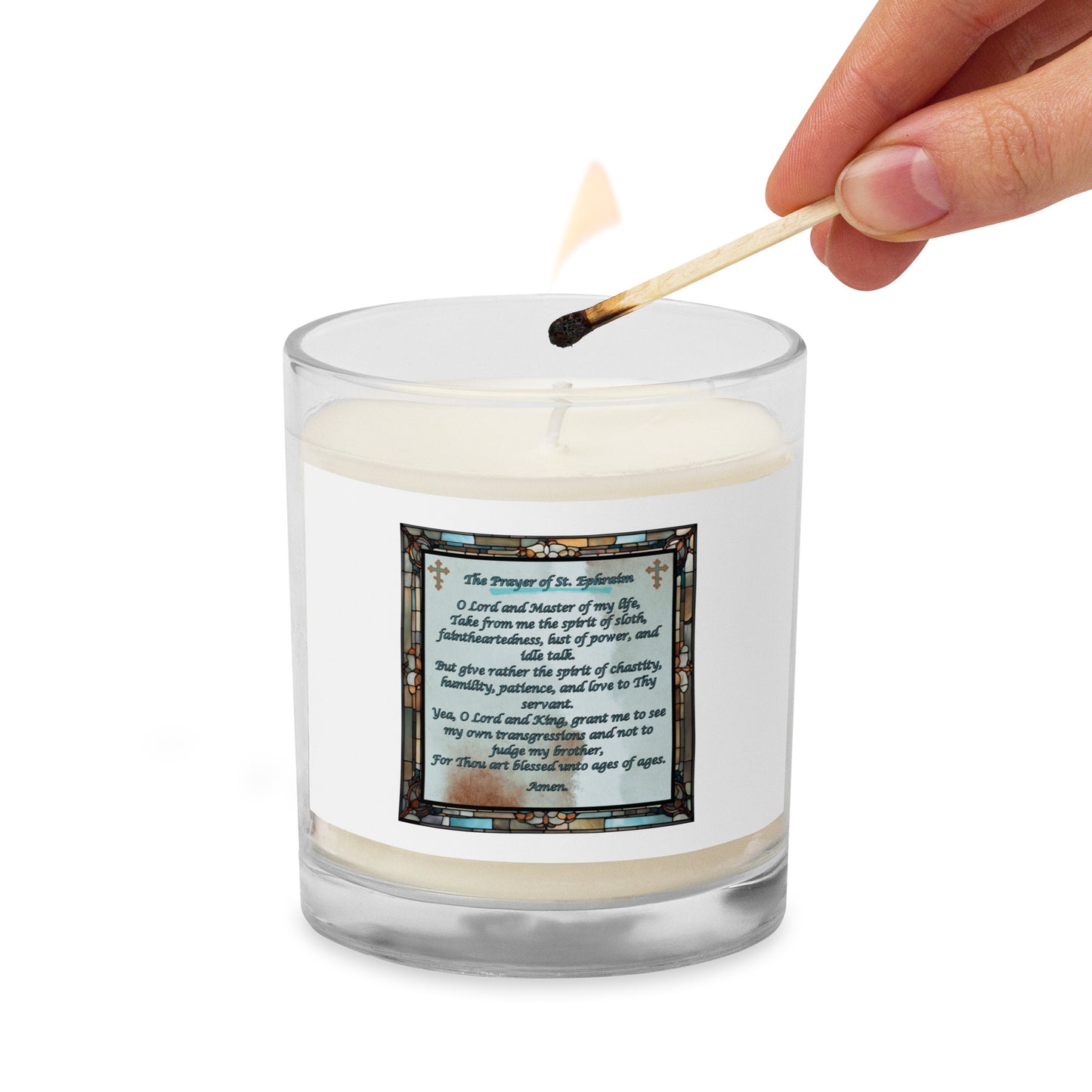 Orthodox Christmas Glass Jar Soy Wax Candle – Prayer of Saint Ephraim, Stained Glass Design