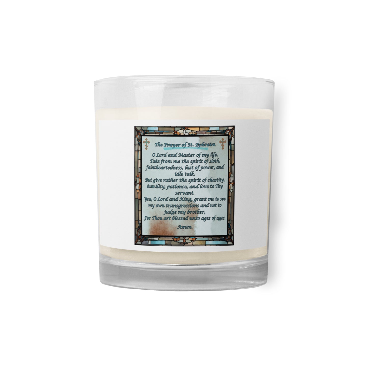 Orthodox Christmas Glass Jar Soy Wax Candle – Prayer of Saint Ephraim, Stained Glass Design