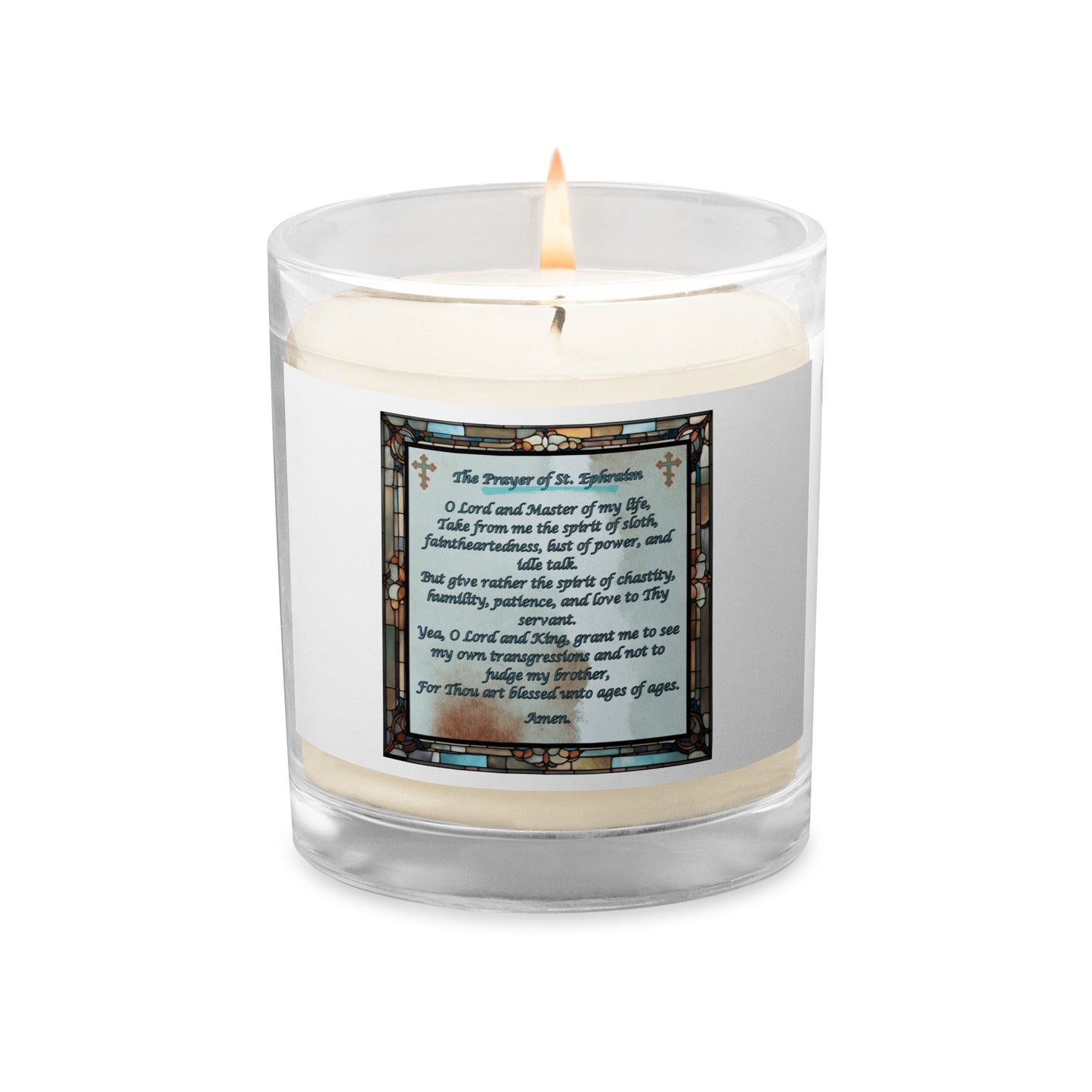 Orthodox Christmas Glass Jar Soy Wax Candle – Prayer of Saint Ephraim, Stained Glass Design