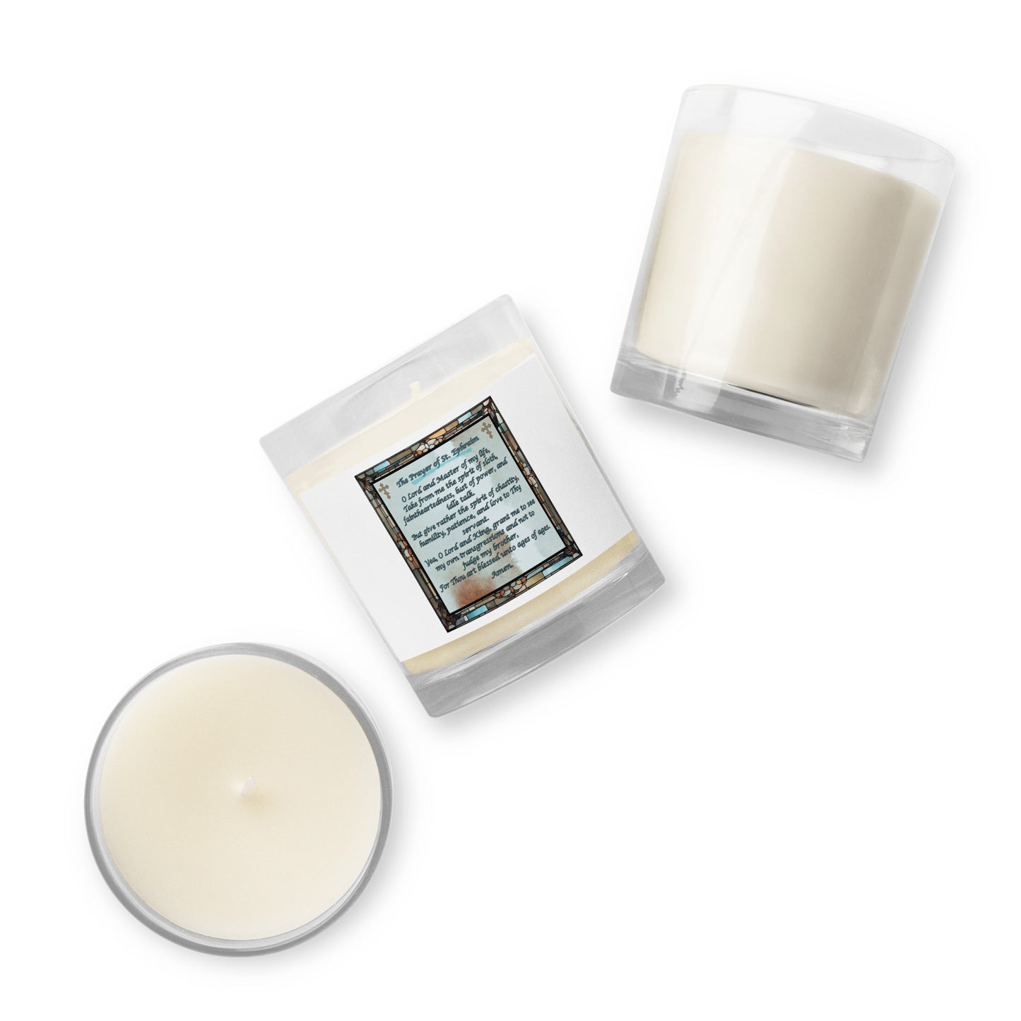 Orthodox Christmas Glass Jar Soy Wax Candle – Prayer of Saint Ephraim, Stained Glass Design