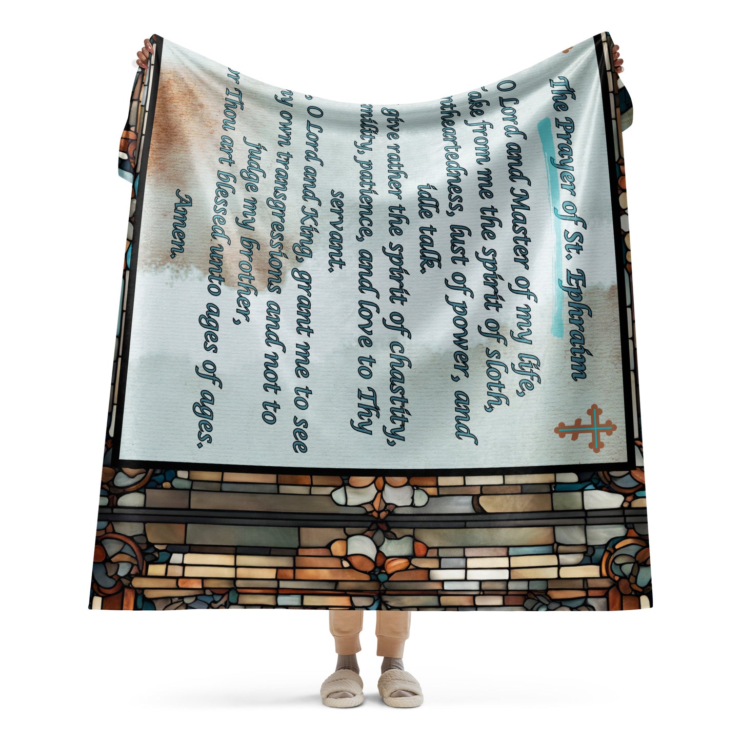 Orthodox Christmas Sherpa Blanket – Prayer of Saint Ephraim, Stained Glass Design